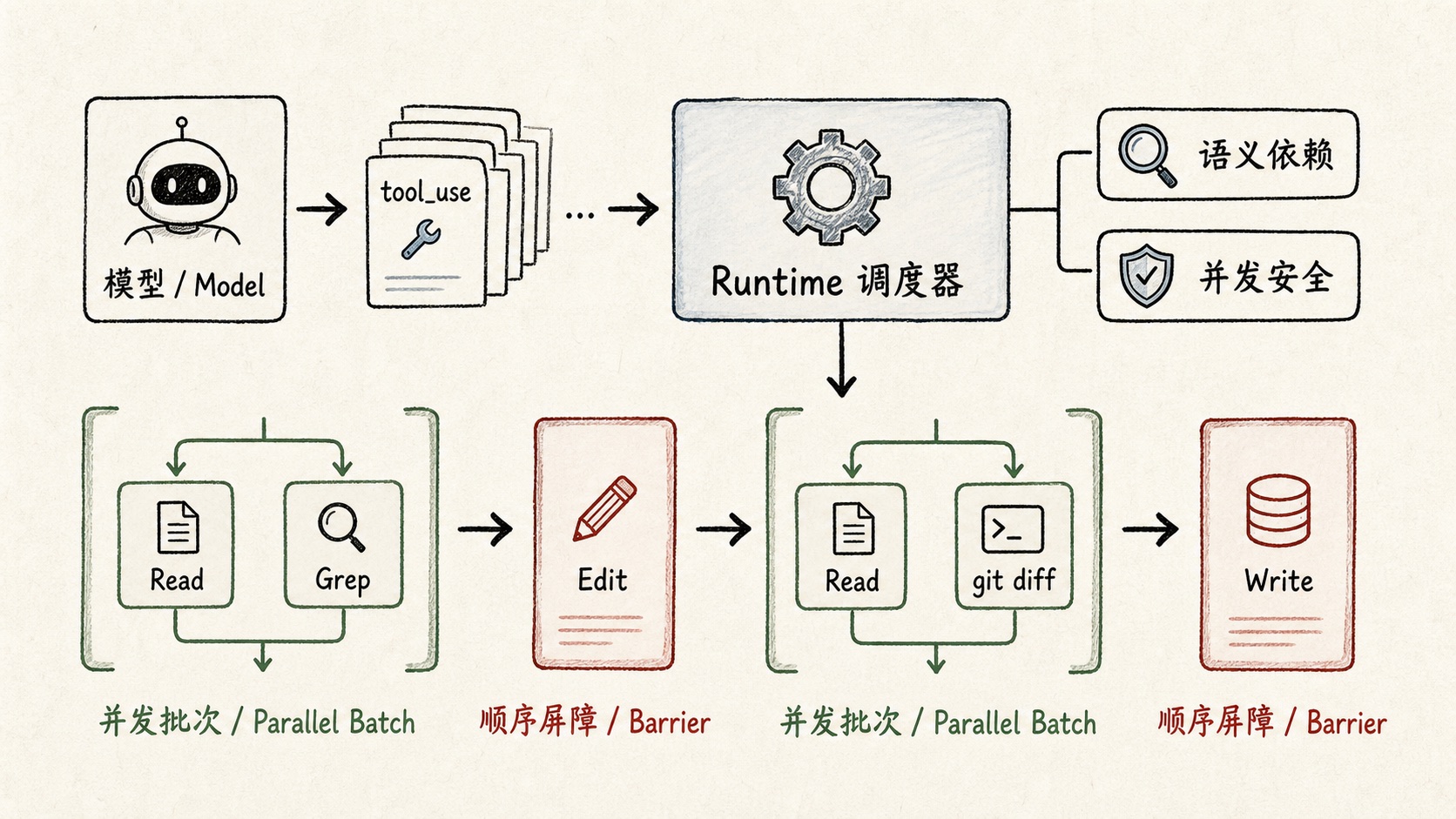 Claude Code Runtime 通过动态队列形成安全调用的并发区间与不安全调用的顺序屏障